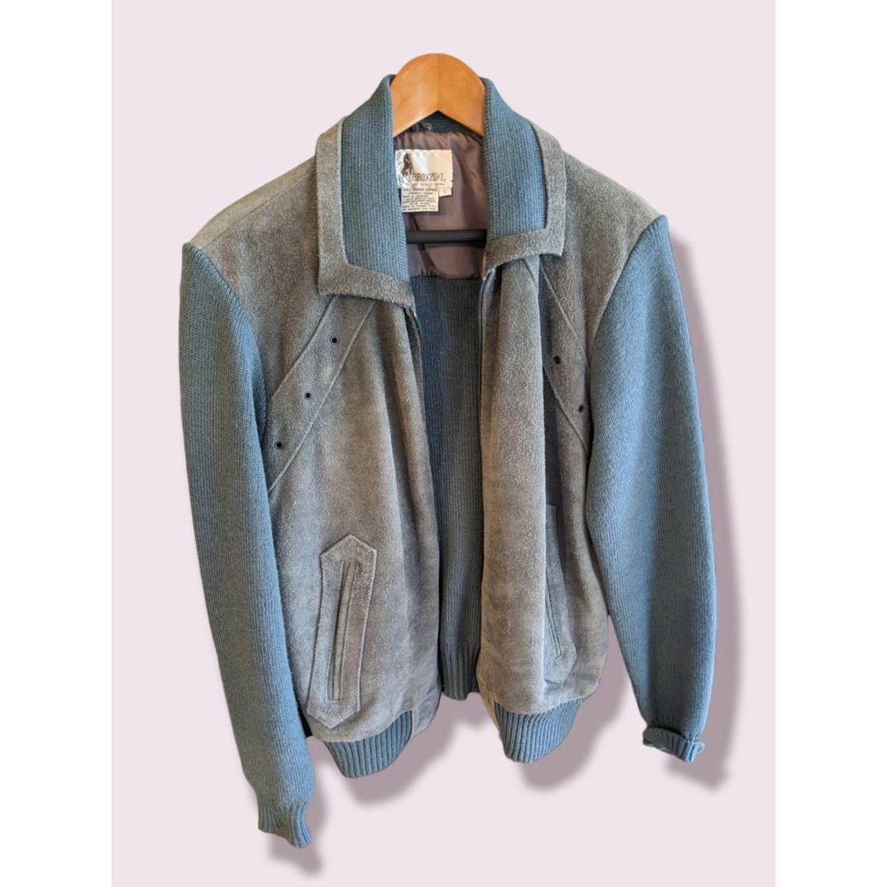 Vintage Bronzini Blue Cow Split Leather Cable knit Jacket size Large